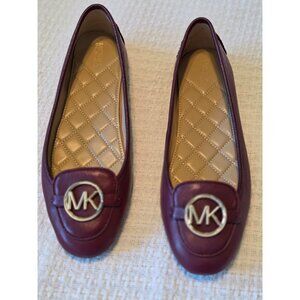 Michael Kors Burgundy Leather Flats With MK Logo Quilted Insole Rubber Sole 10M